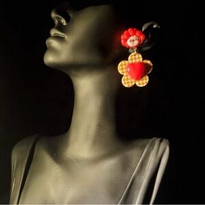 Queen of Red Hearts Yellow Flower Checkerboard Silver Earrings